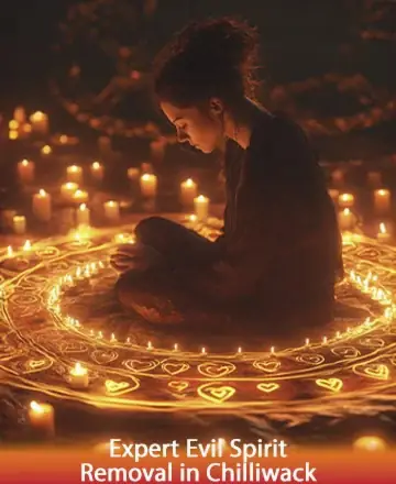 In the gentle glow of candlelight, a serene presence sits gracefully, surrounded by intricate symbols of peace and protection. The atmosphere is filled with calm and warmth, inviting a sense of deep healing and tranquility. Expert evil spirit removal in Chilliwack.