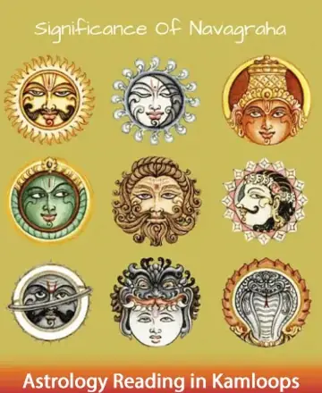 Experience the serene embrace of the Navagraha, where each celestial deity radiates wisdom and harmony. This image gently guides you towards inner peace and cosmic understanding, offering a comforting connection to the universe’s rhythm. Astrology reading in Kamloops.