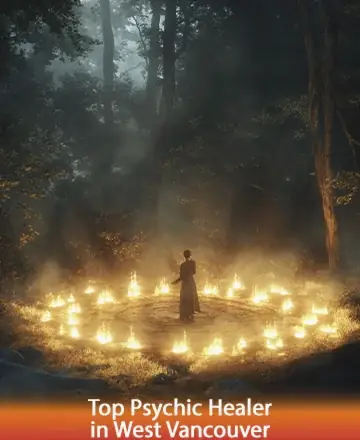 In a serene forest, a gentle figure stands amidst a glowing circle of light, radiating warmth and tranquility. The surrounding trees whisper ancient wisdom, embracing the peaceful energy that fills the air. This sacred moment invites inner peace and spiritual connection. Top psychic healer in West Vancouver.