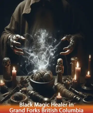 A mystical scene with a cloaked figure conjuring smoke over a table with candles, figurines, and a bowl of yarn. It's dimly lit, creating an eerie and mysterious atmosphere.