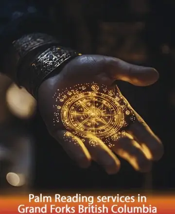 A hand is held out with a glowing, intricate golden pattern resembling magical symbols on the palm. The background is blurred and dark, adding a mystical ambiance. The text reads 