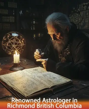 A bearded man in dim lighting studies celestial charts in a book. A glowing orb and lit candle illuminate the rustic, book-filled room, creating a mystical, scholarly atmosphere.