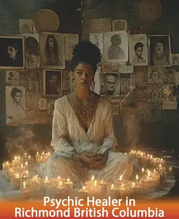 A person sits amid numerous lit candles on a floor, surrounded by a dim room filled with eclectic portraits on the walls. They wear layered necklaces and a flowing white outfit, exuding a mystical aura.