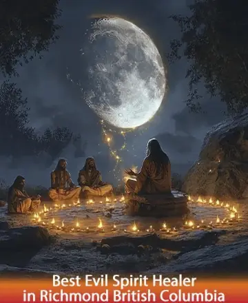 A group of people sit in a circle surrounded by candles on a rocky surface under a full moon. Trees surround the scene. The setting is mystical and serene, with a large glowing moon in the sky.