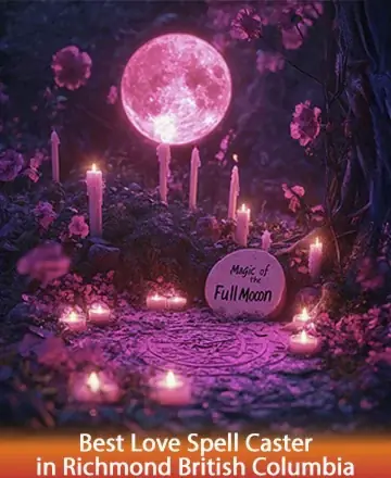 A magical garden scene with a glowing pink full moon, surrounded by lit candles, flowers, and a stone engraved with 