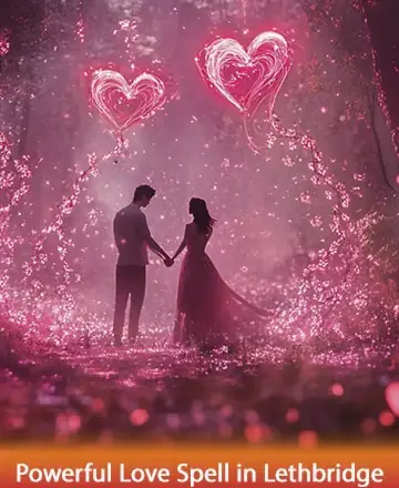 In a serene, dreamlike setting, two souls gently hold hands amidst a cascade of glowing pink hearts, symbolizing deep connection and harmony. The enchanted forest around them whispers secrets of love and unity, inviting warmth and peace. Love spell in Lethbridge.