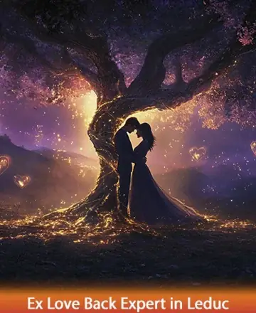 In the gentle embrace of twilight, two souls unite beneath a majestic, illuminated tree, their silhouettes whispering tales of timeless love. The glow of heart-shaped lights dances around them, creating a serene haven of warmth and connection. Ex love back expert in Leduc.