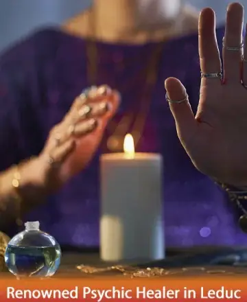 In a serene setting, gentle hands radiate warmth and peace around a glowing candle, inviting tranquility and introspection. The ambiance is calm, offering a sanctuary for the soul. This moment captures the essence of spiritual connection. Renowned psychic healer in Leduc.