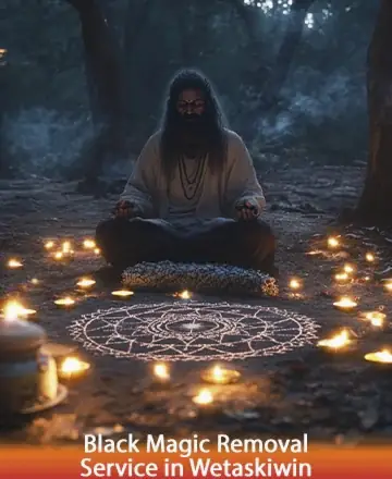 In a serene forest setting, a wise figure sits in deep meditation, surrounded by a gentle circle of glowing candles. The atmosphere is filled with tranquility and warmth, inviting peace and reflection. Embrace the healing journey with black magic removal in Wetaskiwin.