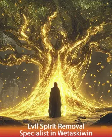 In a serene forest, a radiant golden tree envelops a solitary figure, symbolizing warmth and the gentle embrace of nature's wisdom. This scene invites a sense of peace and spiritual renewal, offering comfort to the soul. Evil spirit removal in Wetaskiwin.