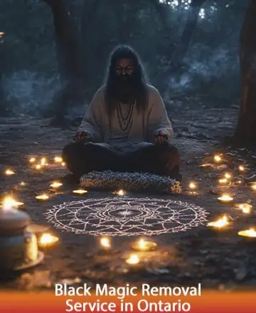 Amidst the gentle glow of candlelight, a serene figure meditates, surrounded by sacred symbols that whisper peace and protection. The tranquil forest envelops him, offering a cocoon of calm and wisdom. Experience the transformation and serenity of black magic removal in Ontario.