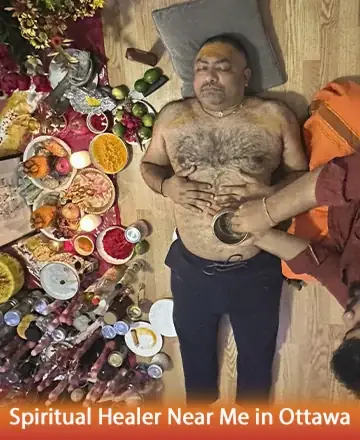 In a serene setting adorned with vibrant colors and sacred offerings, a peaceful moment unfolds. The gentle touch of healing hands brings a sense of calm and rejuvenation. Experience the warmth of spiritual guidance and transformative energy. Spiritual healer near me in Ottawa.