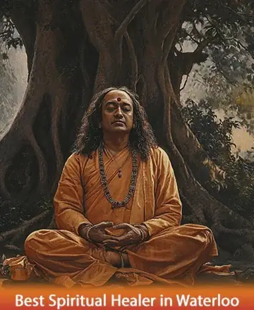 In the serene embrace of nature, a wise soul sits in peaceful meditation, exuding a gentle aura of wisdom and tranquility. The ancient tree behind him whispers stories of old, creating a sanctuary of calm and spiritual depth. Spiritual guidance in Waterloo.