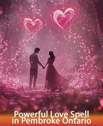 In a serene, enchanting forest bathed in soft pink hues, two figures stand hand in hand, surrounded by shimmering heart-shaped lights. This magical scene evokes feelings of deep connection and tranquility, inviting warmth and harmony into the soul. Love spell in Pembroke Ontario.