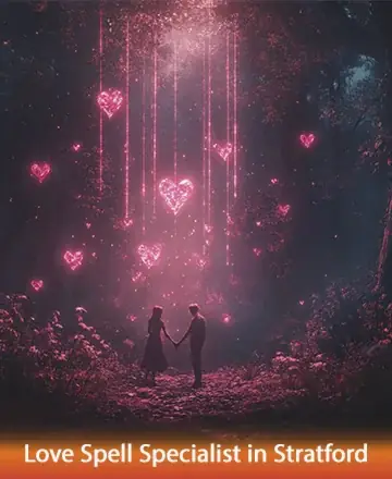 In a serene forest bathed in the gentle glow of pink hearts, two souls stand hand in hand, enveloped in a tender embrace of light and love. This enchanting scene whispers of connection and harmony. Love spell specialist in Stratford.