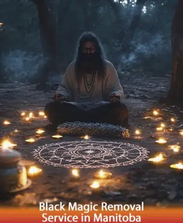 In the serene embrace of a forest, a wise figure meditates amidst a circle of glowing candles, radiating peace and wisdom. The gentle flicker of light offers solace and protection, guiding you toward inner harmony. Black magic removal in Manitoba.