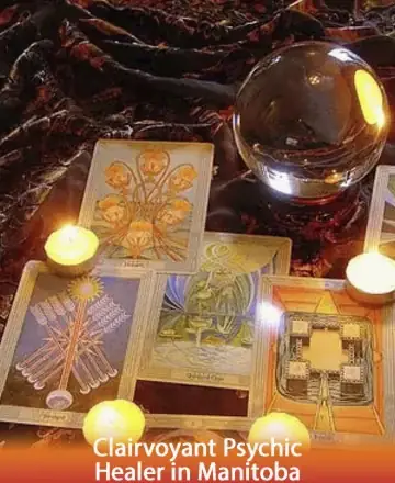 In a serene setting bathed in the gentle glow of candlelight, tarot cards unfold stories of wisdom and peace. A crystal sphere reflects the calming energy of insight and clarity. Embrace the comforting journey of discovery and inner peace. Clairvoyant psychic healer in Manitoba.