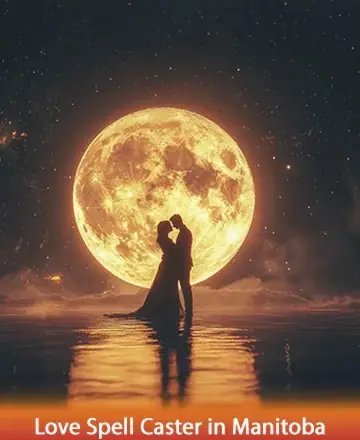 Beneath the gentle glow of a full moon, two souls connect in a serene embrace, their silhouettes softly mirrored on tranquil waters. This enchanting moment whispers of timeless love and deep connection, wrapped in nature's tender embrace. Love spell caster in Manitoba.