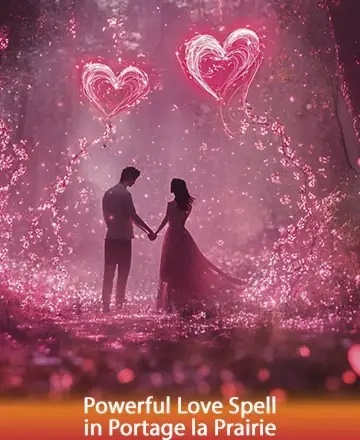 In a dreamy forest bathed in soft pink hues, a couple stands hand in hand, embraced by a gentle glow. Heart-shaped lights float above, symbolizing the deep connection and warmth shared between them. This serene scene exudes love and tranquility. Powerful love spell in Portage la Prairie.