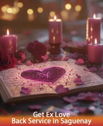 In a serene setting bathed in soft candlelight, the image evokes a sense of tranquility and heartfelt connection. Surrounded by delicate petals and gentle, warm hues, it invites you to find solace and rekindle love's gentle embrace. Get ex love back service in Saguenay.