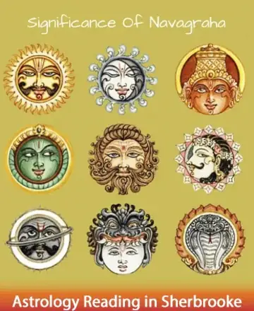 This image beautifully depicts the Navagrahas, each radiating its unique energy and wisdom. Their celestial presence offers a gentle reminder of the universe's harmonious balance, inviting peace and introspection. Embrace the cosmic dance and find solace in their guidance. Astrology reading in Sherbrooke.