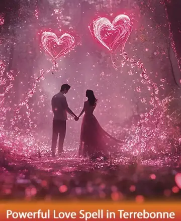 In a serene forest bathed in ethereal pink light, two souls connect beneath glowing heart-shaped auras, symbolizing unity and love. The gentle ambiance whispers of harmony and deep emotional bonds, inviting a sense of peace and fulfillment. Powerful love spell in Terrebonne.