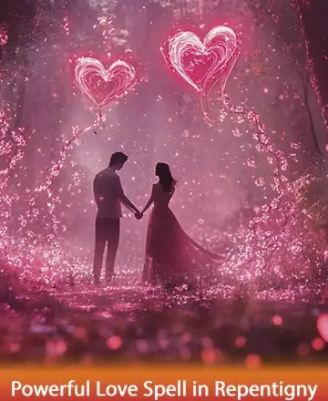In a serene, enchanted forest bathed in soft, rosy light, two souls stand united, surrounded by swirls of gentle magic. Their connection radiates warmth and tranquility, whispering tales of love and harmony. Powerful love spell in Repentigny.