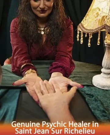 A woman in a red blouse sits at a table with teal cloth, holding a person's hands. A vintage lamp with tassels adds warmth. Text at the bottom reads 