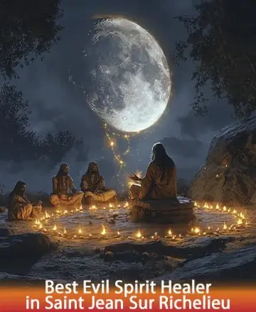 A group of people sit in a circle surrounded by candles under a large, glowing moon in a forest setting. The scene is mystical, with a serene and mysterious atmosphere. Text overlays the bottom.