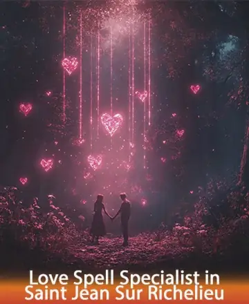 Silhouetted couple holding hands in a mystical forest, bathed in pink light with glowing heart shapes cascading above. Below them, text reads 