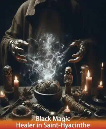 In a serene, dimly lit space, gentle candlelight flickers, casting a warm glow around sacred symbols. A soothing aura envelops the room, inviting peace and introspection. Here, ancient wisdom and gentle guidance offer solace and transformation. Black magic healer in Saint-Hyacinthe.