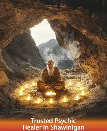 In a serene cave setting, a wise figure sits peacefully surrounded by glowing candles, radiating warmth and tranquility. The gentle light casts a soothing ambiance, inviting calm and introspection. This sacred space embodies trust and spiritual guidance. Trusted psychic healer in Shawinigan.