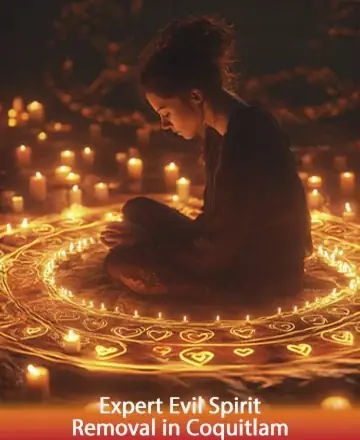 In the gentle glow of countless candles, a serene figure sits enveloped in warmth and light. The intricate patterns around her seem to whisper ancient wisdom, providing solace and protection. This scene offers a sanctuary for the soul. Expert evil spirit removal in Coquitlam.