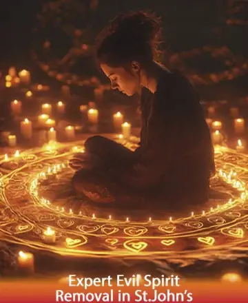 In a serene, candle-lit embrace, this gentle soul finds solace and light within a circle of love and protection. The warm glow of each flame whispers comfort, guiding her toward peace and understanding. Expert evil spirit removal in St. John’s.