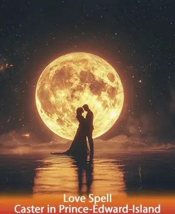 Under the gentle embrace of a luminous full moon, two silhouettes share a tender moment, reflecting the profound connection between souls. The serene night sky cradles their love, infusing the scene with magic and tranquility. Love spell caster in Prince Edward Island.
