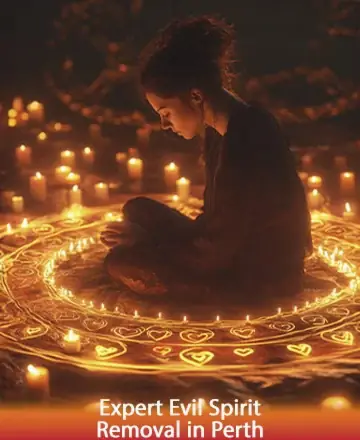 In the gentle glow of candlelight, a serene figure sits in peaceful meditation, surrounded by intricate patterns that whisper of protection and calm. The atmosphere radiates warmth and tranquility, offering a sanctuary for the soul. Expert evil spirit removal in Perth.