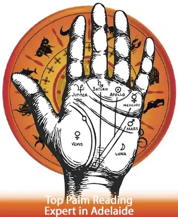 Discover the gentle art of palm reading, where ancient wisdom meets modern insights. A beautifully illustrated hand invites you into a world of self-discovery and inner peace, surrounded by the calming presence of cosmic symbols. Top palm reading expert in Adelaide.