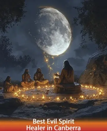 In the serene embrace of moonlight, a group gathers in tranquil harmony, surrounded by the gentle glow of candles. The scene is imbued with a deep sense of peace and spiritual connection, offering solace and wisdom to all present. Evil spirit healer in Canberra.
