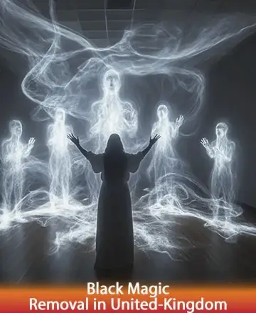 In a serene dance of light and spirit, a figure stands gracefully, embraced by ethereal beings, evoking a sense of deep connection and peace. Their presence whispers soothingly of guidance and protection. Black magic removal in United Kingdom.