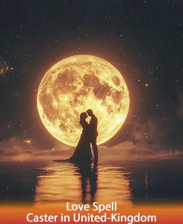Under the warm glow of a luminous full moon, two figures embrace, surrounded by the serene ripples of gentle waters. The scene evokes feelings of deep connection and timeless love, offering a quiet moment of reflection and harmony. Love spell caster in United Kingdom.