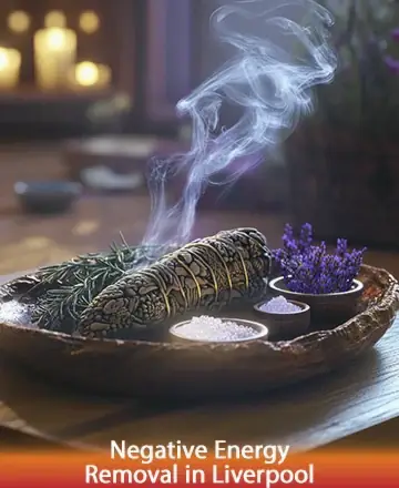 In the gentle glow of candlelight, a serene arrangement of herbs and lavender invites tranquility and balance. The soothing wisps of smoke carry away worries, nurturing a space of peace and renewal. Negative energy removal in Liverpool.