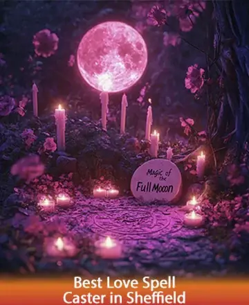 Under the gentle glow of a pink-hued full moon, candles flicker softly, encircled by blossoms, creating a serene and sacred space. This enchanting scene invites introspection and warmth, offering a haven of tranquility and love. Best love spell caster in Sheffield.