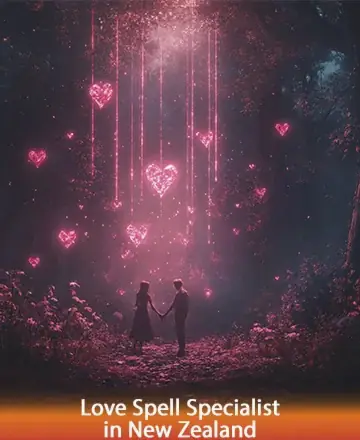 In a serene forest bathed in gentle, glowing light, two souls stand united beneath a cascade of heart-shaped luminescence. This enchanting scene whispers of love, connection, and the boundless power of the universe, offering a tranquil embrace. Love spell specialist in New Zealand.