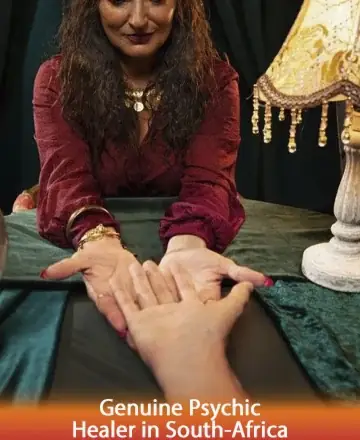 In a serene, softly lit room, a wise woman gently cradles your hand, offering profound insights and heartfelt guidance. Her presence radiates warmth and understanding, inviting you to explore the depths of your soul with peace and trust. Psychic healer in South Africa.
