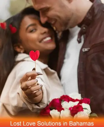 A smiling woman holding a heart-shaped lollipop and bouquet of roses, standing close to her partner in a loving embrace, representing romantic harmony — Lost Love Solutions in Bahamas.