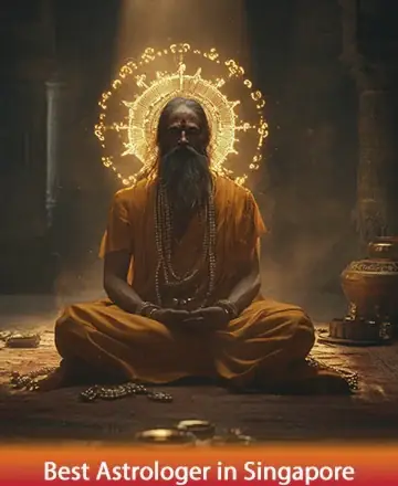 In a serene sanctuary of wisdom, a sage sits gracefully, enveloped in a golden aura that radiates tranquility and ancient knowledge. The atmosphere is imbued with a sense of peace and spiritual enlightenment, inviting a journey towards inner harmony. Best astrologer in Singapore.