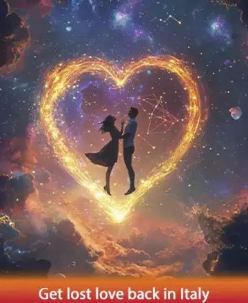 In a celestial tapestry of stars and dreams, two souls unite in a warm embrace, surrounded by the radiant glow of love's eternal heart. This image whispers of hope and rekindled connections, inviting you to find peace and joy. Get lost love back in Italy.