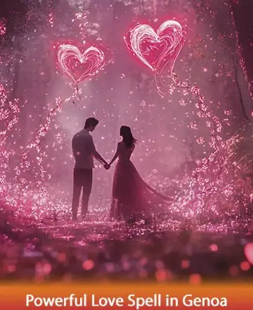 In a serene forest setting, enveloped in soft pink hues, two souls hold hands beneath glowing heart-shaped lights. The gentle embrace of nature and light evokes a sense of deep connection and harmony, inviting warmth and peace. Powerful love spell in Genoa.
