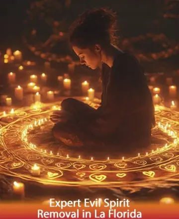 In the gentle glow of countless candles, a serene figure sits in quiet contemplation, surrounded by intricate, glowing symbols. This sacred space radiates warmth and tranquility, inviting peace and inner harmony. Embrace the path to spiritual serenity and renewal with expert guidance. Evil spirit removal in La Florida.