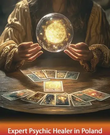 In a serene glow of golden light, gentle hands cradle a mystical orb, casting a warm and comforting aura over a circle of beautifully illustrated tarot cards. This soothing scene invites you to explore the depths of insight and clarity. Expert psychic healer in Poland.